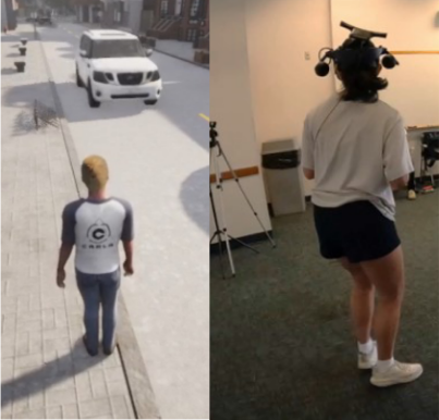 left: an avatar and part of a vehicle as seen inside the CARLA VR environment.
              right: a user in a real-world classroom environment wearing the VR headset for data collection